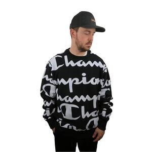 Champion Black White Logo Script Reverse Weave Crewneck Sweatshirt
